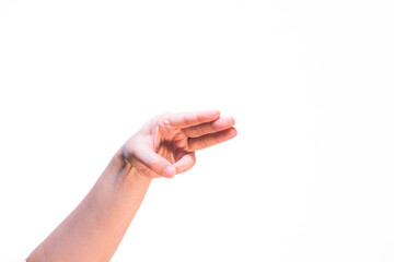 Woman showing three fingers on isolated white background