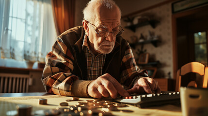 a Senior Man in Distress Counting Coins with a Calculator: A Portrait of Financial Hardship and Elderly Struggle with paying debts in retirement. Tax issues, mortgage, pension, and late fees concept - obrazy, fototapety, plakaty