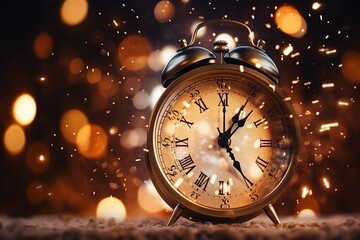Obraz na płótnie Canvas Vintage gold clock New Year 2024 with golden bokeh lights, sparkler and fireworks
