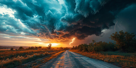 Apocalyptic Vision of a Supercell Thunderstorm with Dramatic Lightning Strike on a Rural Road,...