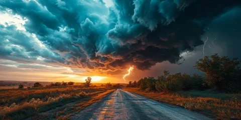 Papier Peint photo Lavable Noir Apocalyptic Vision of a Supercell Thunderstorm with Dramatic Lightning Strike on a Rural Road, Embodying Nature's Fury