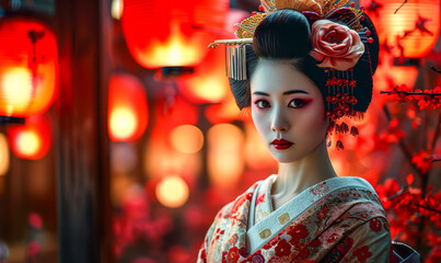 Elegant geisha in traditional kimono adorned with hairpieces against a backdrop of vibrant red lanterns