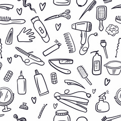 Vector seamless pattern from the collection of barber's working tools, hand-drawn in the style of doodles.