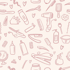 Vector seamless pattern from the collection of barber's working tools, hand-drawn in the style of doodles.
