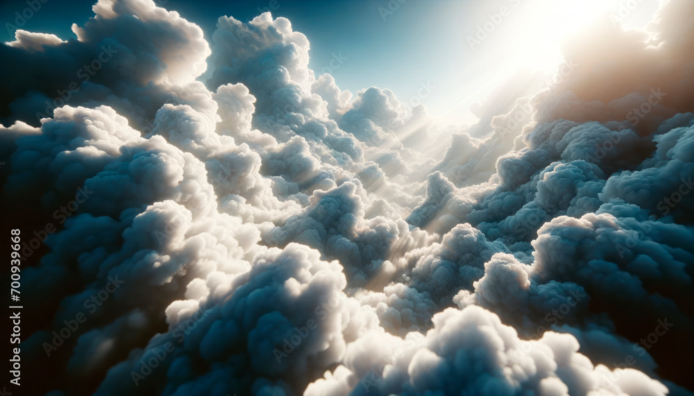 Poster breathtaking view of dense cumulus clouds illuminated by sunlight. atmosphere, vastness concept. gen