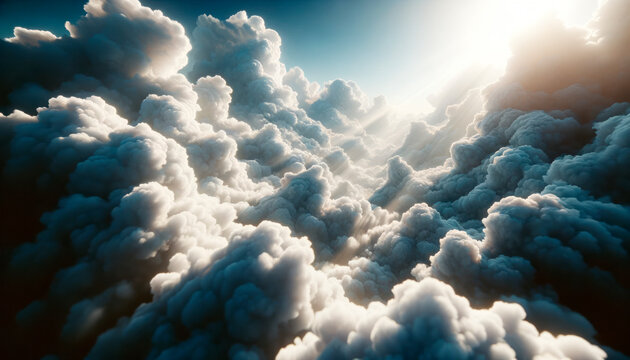 Breathtaking view of dense cumulus clouds illuminated by sunlight. Atmosphere, vastness concept. Generative AI