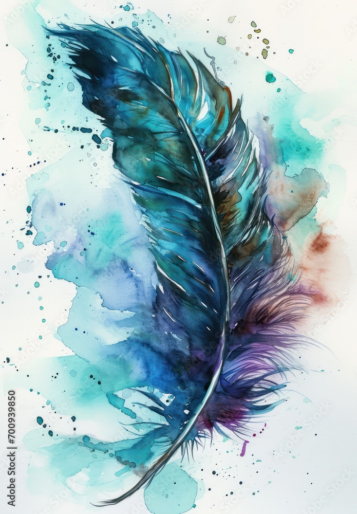 Poster  a watercolor painting of a blue bird's feather with a splash of paint on the back of it.