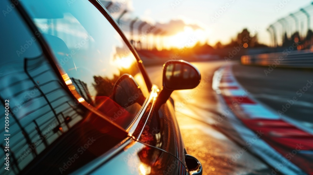 Poster a close up of a car's rear view mirror with the sun setting in the distance in the background.