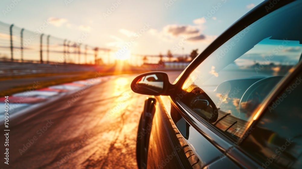 Aufkleber a side view mirror of a car on a road with the sun setting in the background and clouds in the sky.