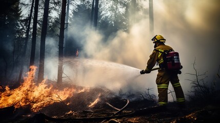Obraz premium fireman putting water pressure out a forest fire