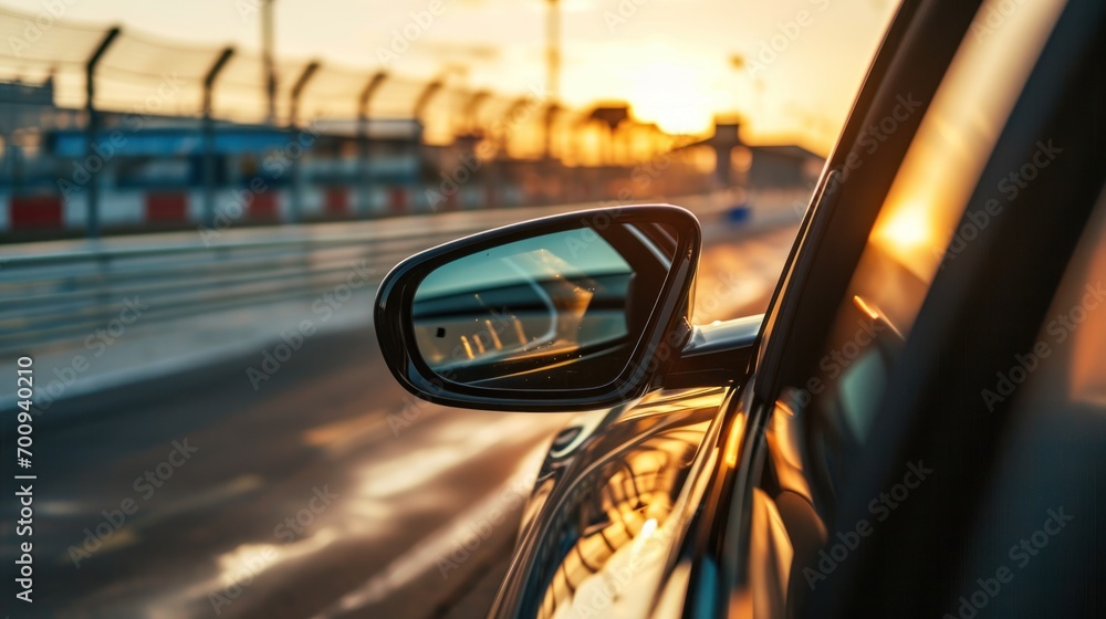 Poster a side view mirror of a car on a highway with a sunset in the back ground and a guard rail in the ba