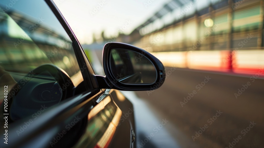 Poster a close up of a car's side mirror with a blurry image of a building in the background.