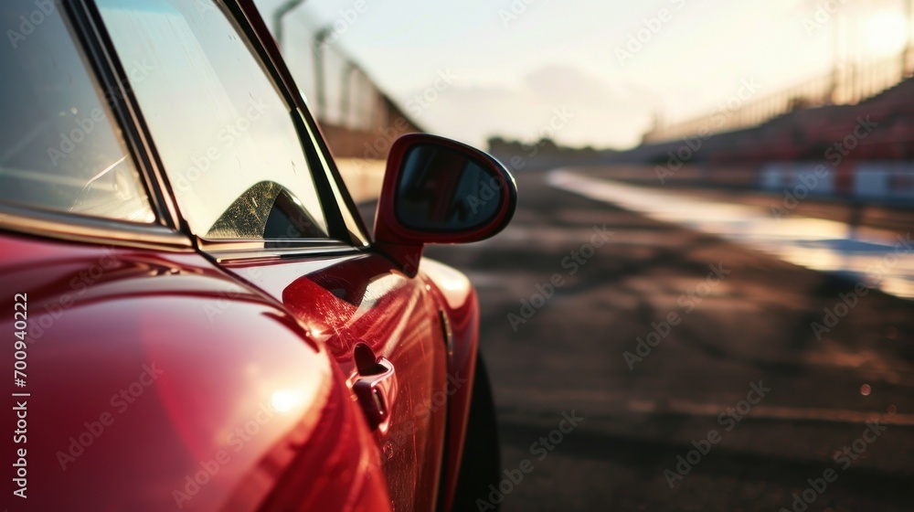 Poster a red car parked on the side of a road next to a tall building with a clock on it's side.