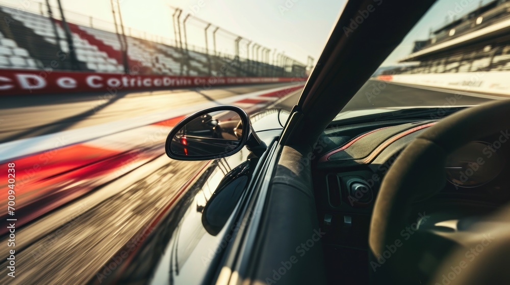 Poster a close up of a car's view of a race track from the driver's point of view.