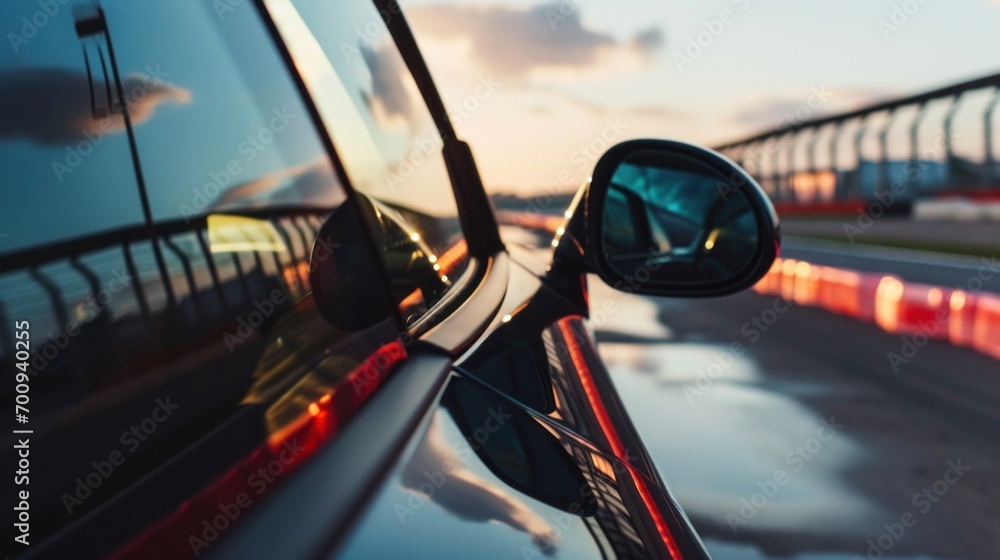 Poster a side view mirror of a car on a road with a bridge in the back ground and clouds in the sky.