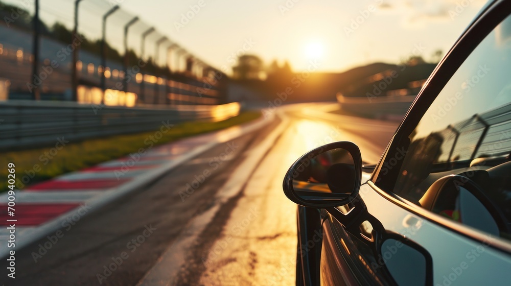 Poster a close up of a car's side mirror on a race track with the sun setting in the background.