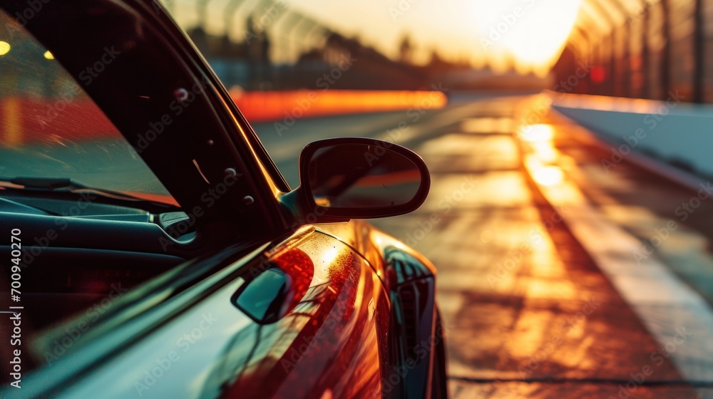 Poster a close up of a car's side mirror with the sun setting in the background and a building in the foreg