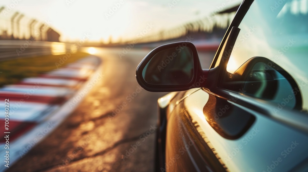 Poster a close up of a car's side mirror on a race track with the sun shining in the background.