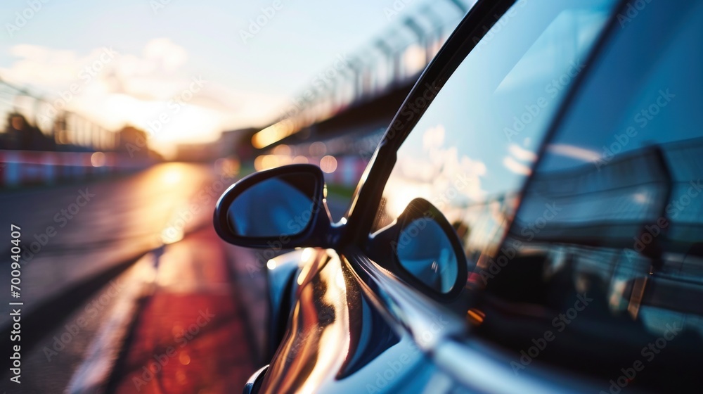 Poster a close up of a car's side mirror with the sun shining through the window and a bridge in the backgr