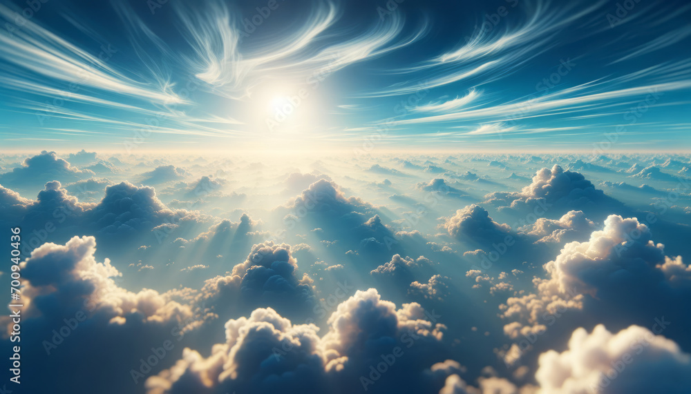 Poster radiant sunlight streams through dynamic cloud textures. illumination, natural beauty concept. gener
