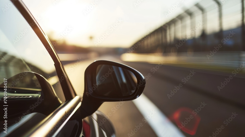 Poster a close up of a car's side mirror with the sun shining in the background and a building on the other