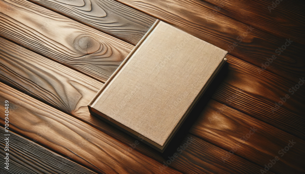 Aufkleber closed beige book on wooden background with natural patterns. generative ai