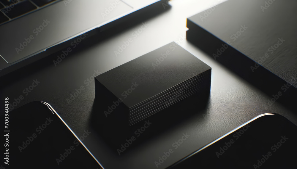 Poster Close up of black business card stack with reflective surface. Dark elegant branding Generative AI