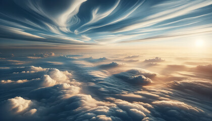 Ethereal cloudscape with swirling patterns and soft sunlight. Serenity, sky art concept. Generative AI