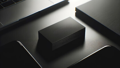 Close up of black business card stack with reflective surface. Dark elegant branding Generative AI - Powered by Adobe