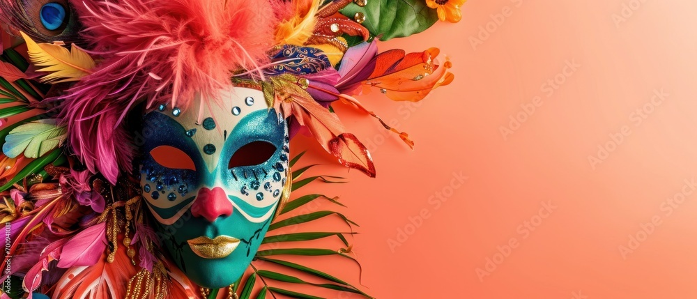Poster a colorful mask with feathers and flowers on a pink background with a place for the text on the top 
