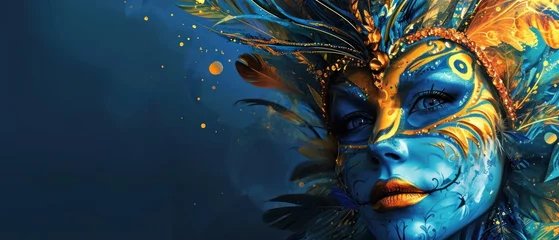 Poster  a close up of a woman's face with blue and yellow paint on her face and feathers on her head. © Oleg