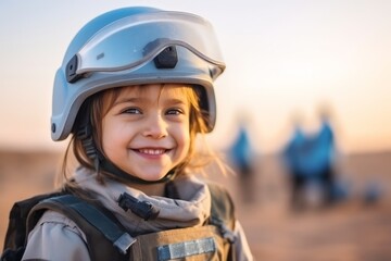 Portrait of a cute little girl wearing helmet outdoors at sunset.