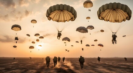 Combat Arrival: Military Paratroopers Descend with Precision onto War Ground sunset scene 