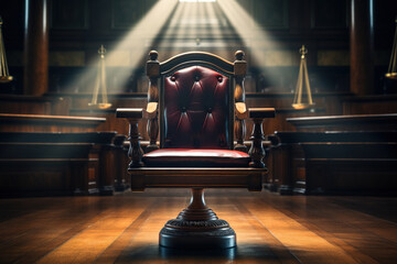 A chair in a courtroom illuminated by bright rays. Generated by artificial intelligence - obrazy, fototapety, plakaty