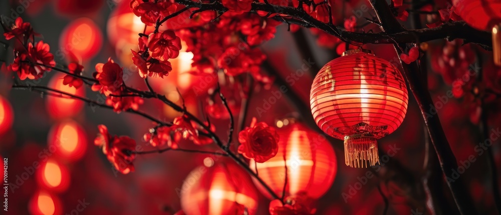 Poster a tree with a bunch of red lanterns hanging off of it's branches in front of a dark background.