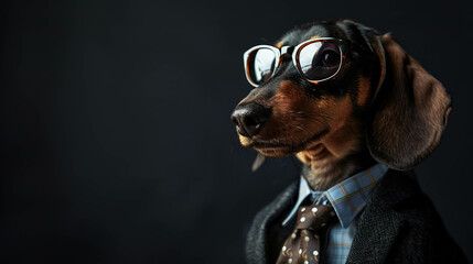 Cool looking dachshund dog wearing suit, tie and sunglasses isolated on dark background with copyspace for text. - obrazy, fototapety, plakaty