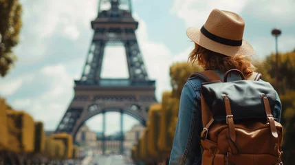 Deurstickers Back view of Female tourist with hat and backpack looking at eiffel tower in Paris. Wanderlust concept. © Tepsarit