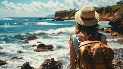 Back view of Female tourist with hat and backpack at the beach and sea side. Wanderlust concept. - obrazy, fototapety, plakaty