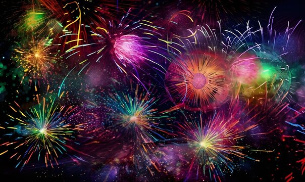 The essence of joy and celebration in a vibrant, colorful photo of a 'Happy New Year' image. Animated composition with festive elements like fireworks, confetti, and celebratory motifs.