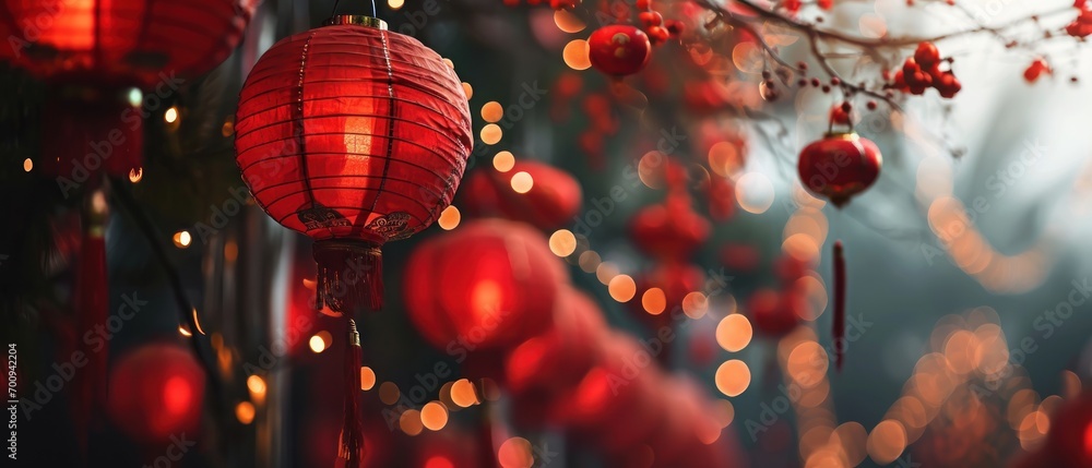 Poster a bunch of red lanterns hanging from a tree with lights in the background and a blurry tree in the f