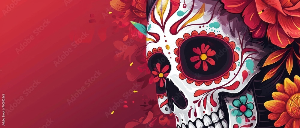 Poster a close up of a skull with flowers on it's head and a red background with a red background.