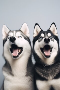 Cheerful Siberian Huskies posing with joyous faces