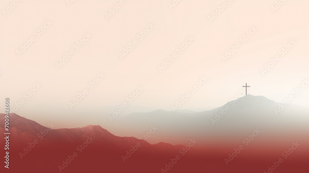 Poster a cross on top of a mountain with a foggy sky and a red mountain in the foreground with a cross on t