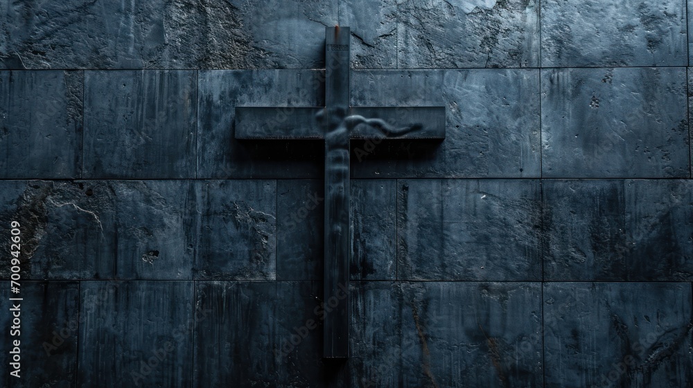 Poster a cross on the side of a building in front of a wall with a grungy pattern on it.