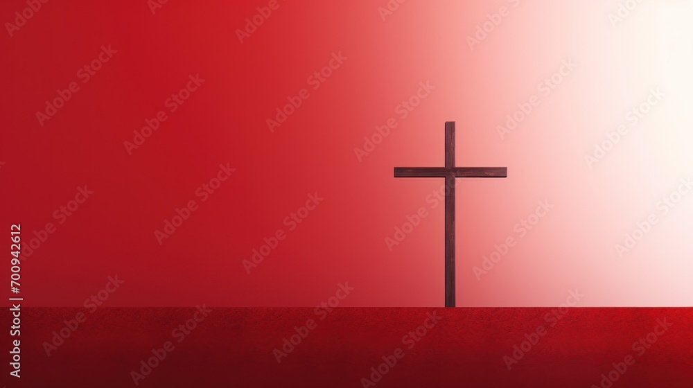 Poster a cross sitting in the middle of a red field with a red sky in the background and a red sky in the f