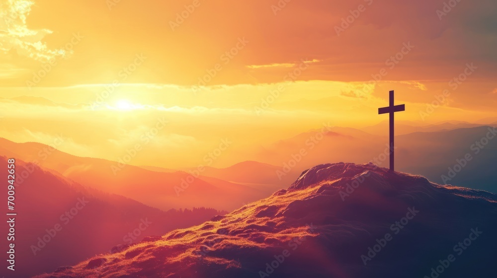 Poster a cross on top of a mountain with the sun setting in the backgrouund and clouds in the sky.
