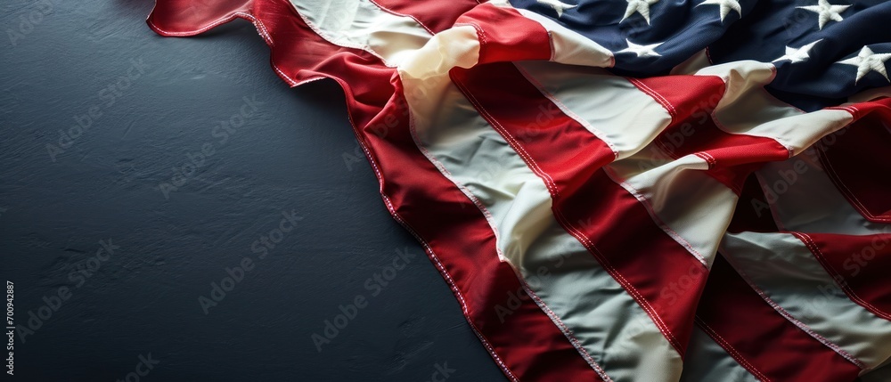 Poster a close up of an american flag on a dark background with space for the text on the left side of the 