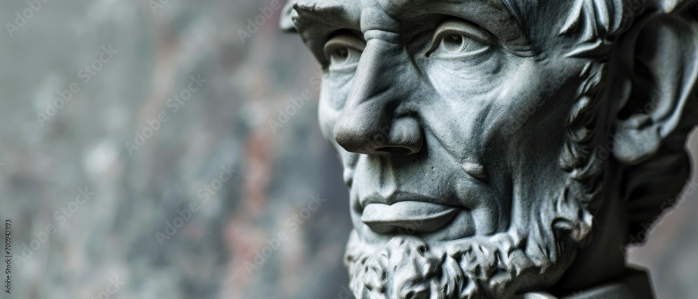 Poster a close up of a statue of a man with a beard and wearing a bow tie and looking off to the side.