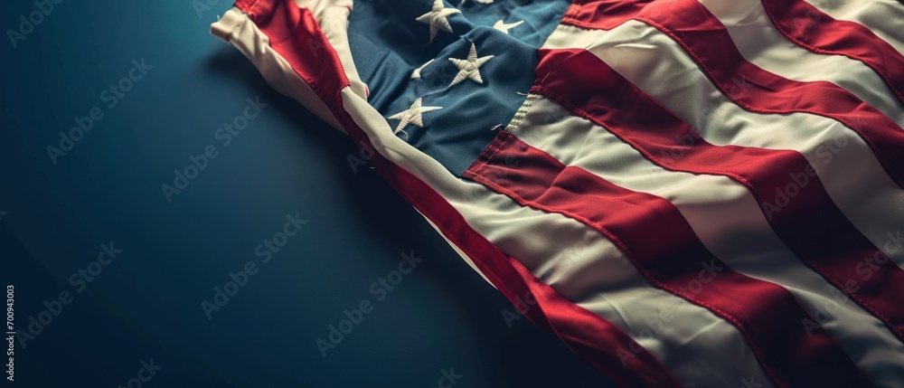 Poster a close up of an american flag on a blue background with a space for the text on the left side of th