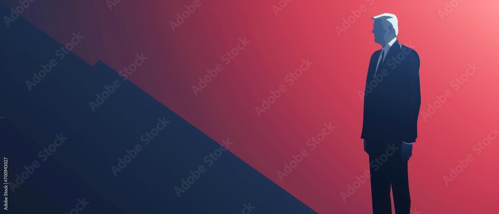 Poster a man in a suit and tie standing in front of a red and blue background with a black diagonal stripe.